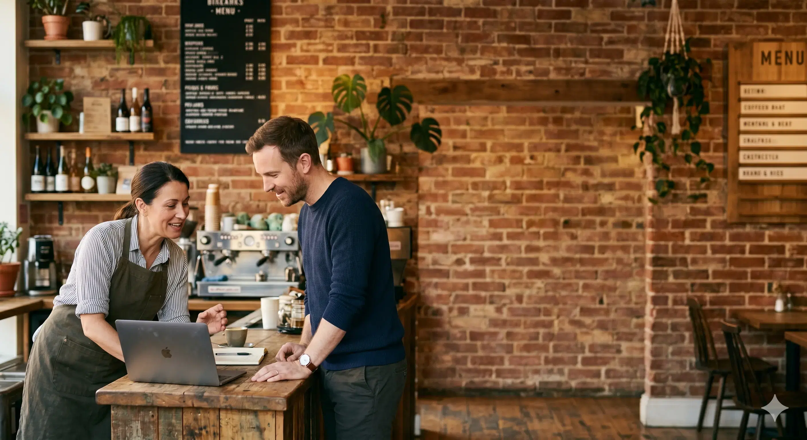 A restaurant owner and a technology partner reviewing the Ogent platform together at the counter of a small independent cafe.